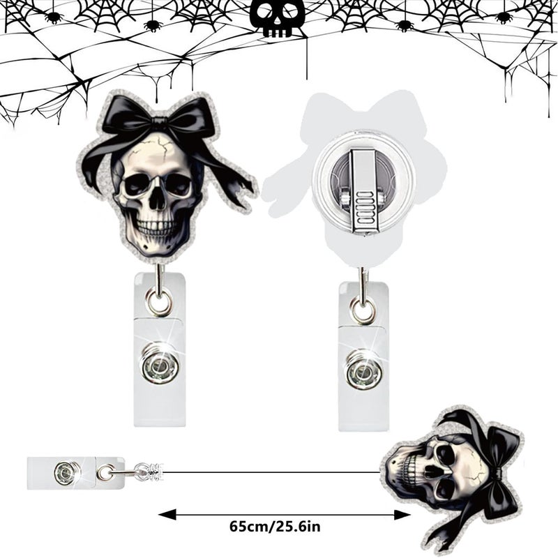 NSSHEL Halloween Skull Badge Reel Retractable for Nurse Nursing Student Medical Worker & Office Staff Acrylic Alligator Clip Badge Reel Halloween Skeleton with Bow ID Card Badge Holder Gifts - Image 4